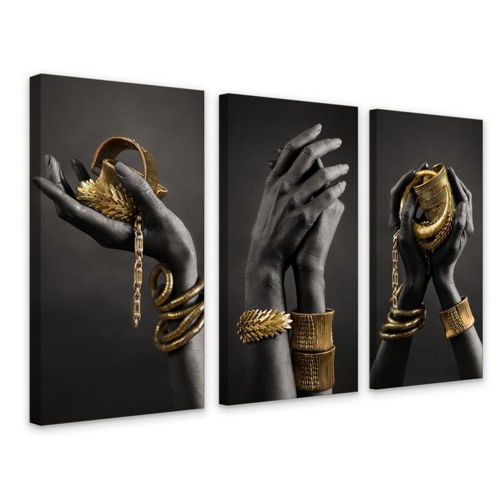 Set 3 tablouri canvas Femeie africana cu bijuterii din aur 180x120cm