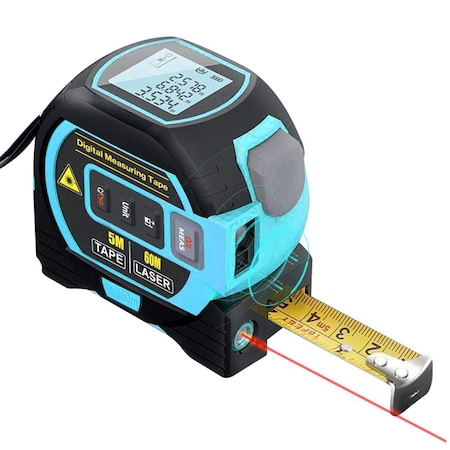 Ruleta cu laser, Smart, Afisaj digital, Telemetru laser, Raza de actiune laser de 60M, Banda metalica de 5M, Ecran LCD, Albastru cu Negru