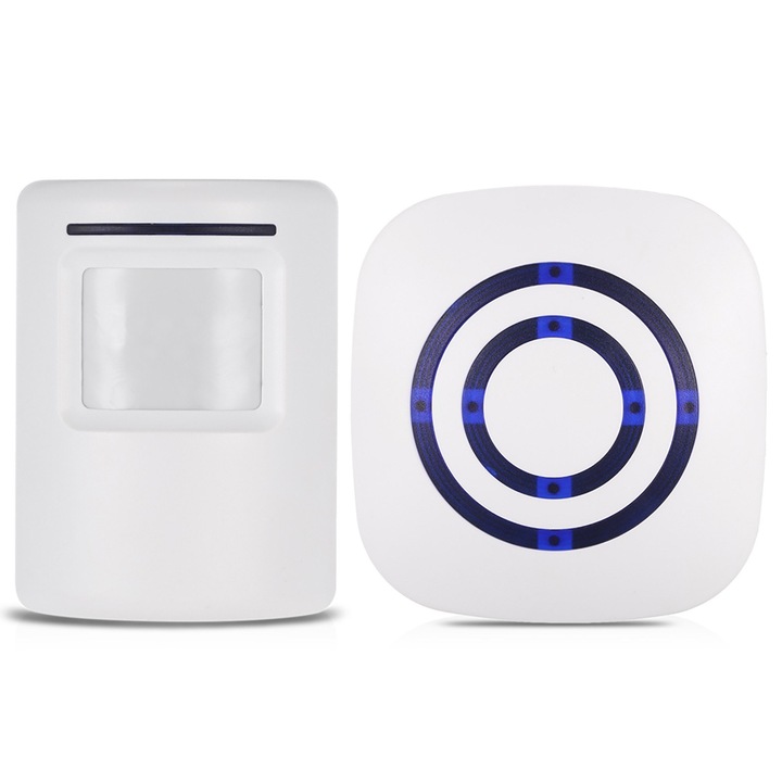 Безжичен звънец с PIR сензор за движение, 38 звънчета, контрол на силата на звука, дълъг обхват на предаване, пластмаса, бял