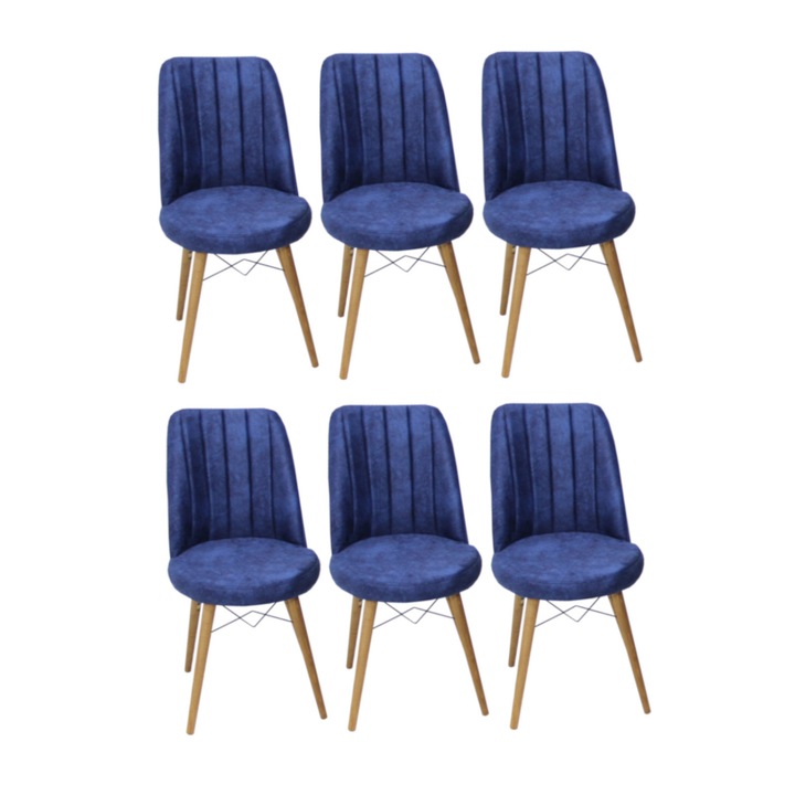 Set 6 scaune Apollo, cadru din metal, picioare de lemn, tapiterie din material textil, albastru, 90x46 m