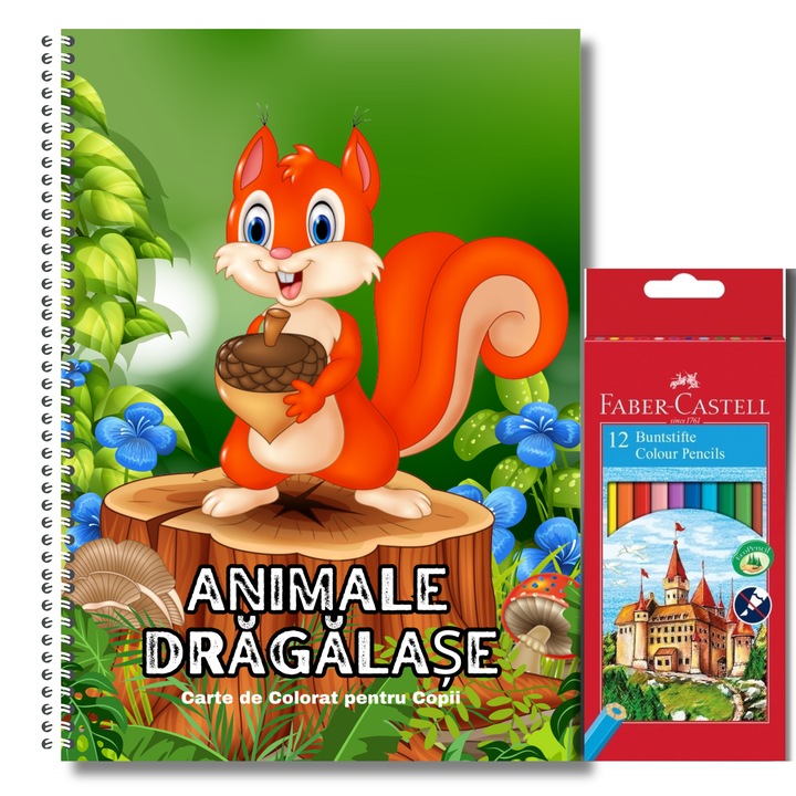 Carte de Colorat pentru Copii, Animale Dragalase si Set 12 Creioane Colorate Faber Castell,104 Pagini