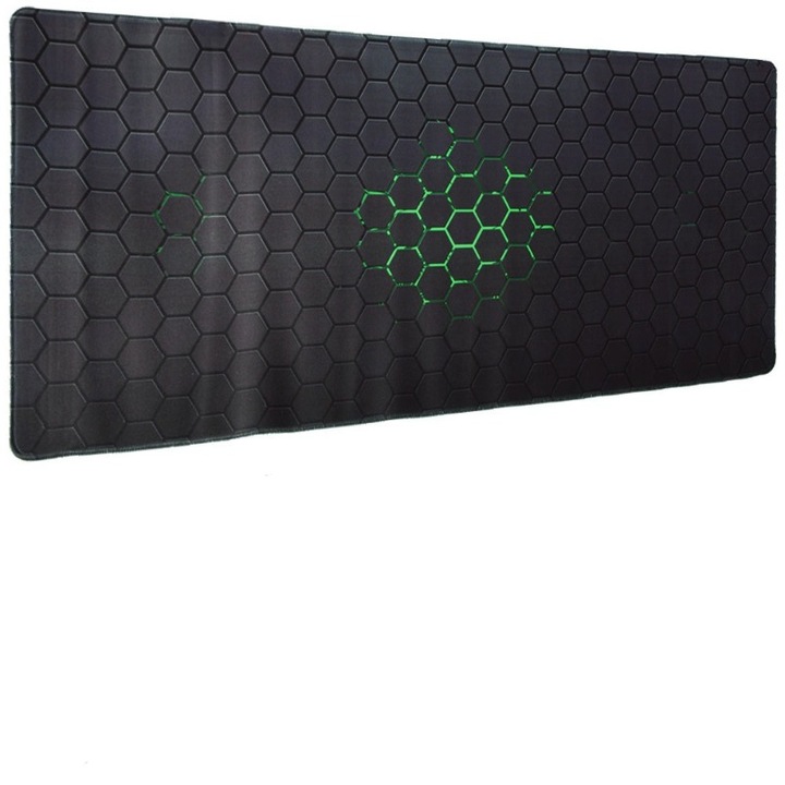 Mousepad Mare Cauciucat Pentru Gaming, Antiderapant, Waterproof, model Honeycomb, 80 x 30cm, Negru/Verde