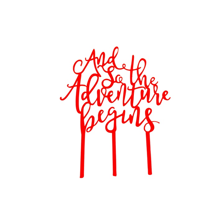 Декорация за торта "И ТАКА ПРИКЛЮЧЕНИЕТО ЗАПОЧВА", торта на булката, приключението започва, 18 х 15 см червена