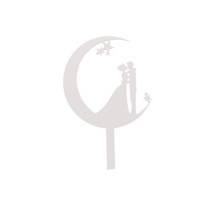 Tortafedő díszítés, "MENNYASSZONY ÉS MENYASSZONY", menyasszonyi torta, hold és csillag téma, 18 x 11,5 cm elefántcsont fehér