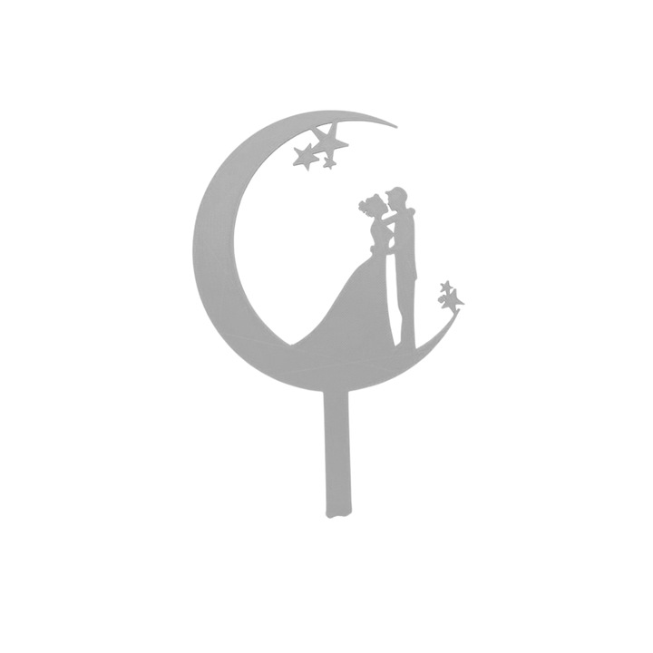 Tortafedő díszítés, "MENNYASSZONY ÉS MENYASSZONY", menyasszonyi torta, hold és csillag téma, 18 x 11,5 cm ezüst