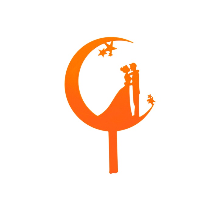 Decoratiune topper tort, "MIRE SI MIREASA", tortul miresei, tematica luna si stele, 18 x 11,5 cm portocaliu