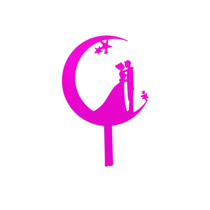 Декорация за торта, "БУЛКА И БУЛКА", булчинска торта, тема луна и звезди, 18 х 11,5 см малиново розово