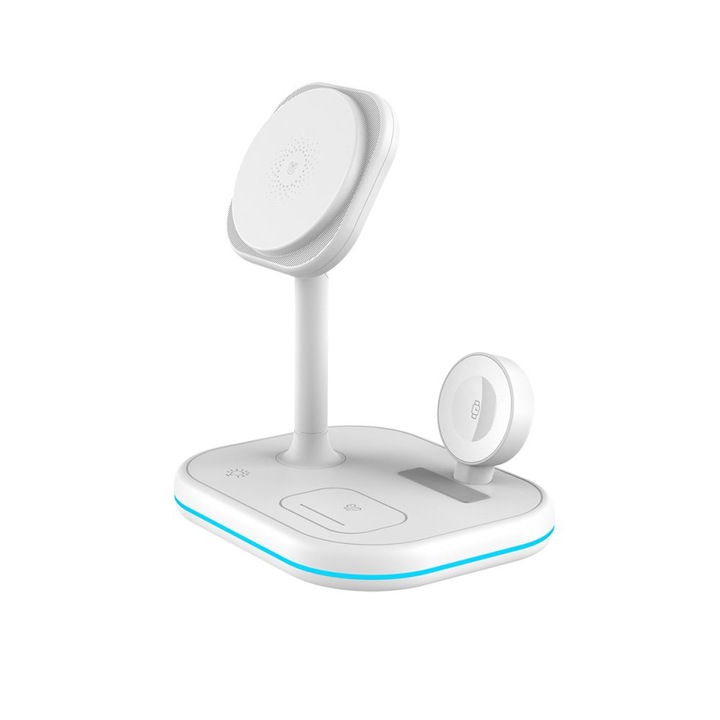 Incarcator Wireless 3 in 1 TECH-PROTECT A27, Magnetic MagSafe, 15W, Cablu USB-C 1m inclus, Alb