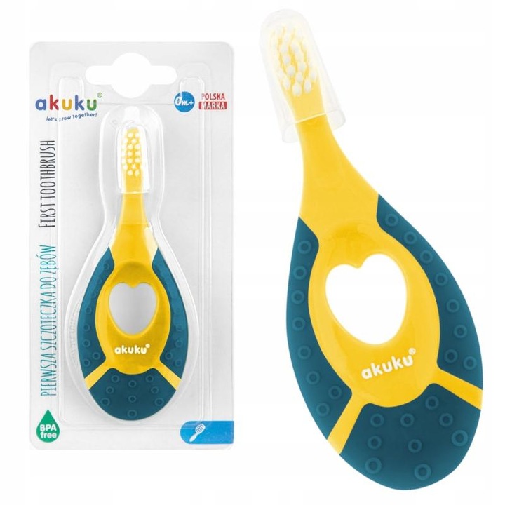 Periuta de dinti Akuku First brush Albastru/Galben pentru bebelusi si copii, peri moi, maner silicon, capac inclus, recomandat pentru 0-2 ani
