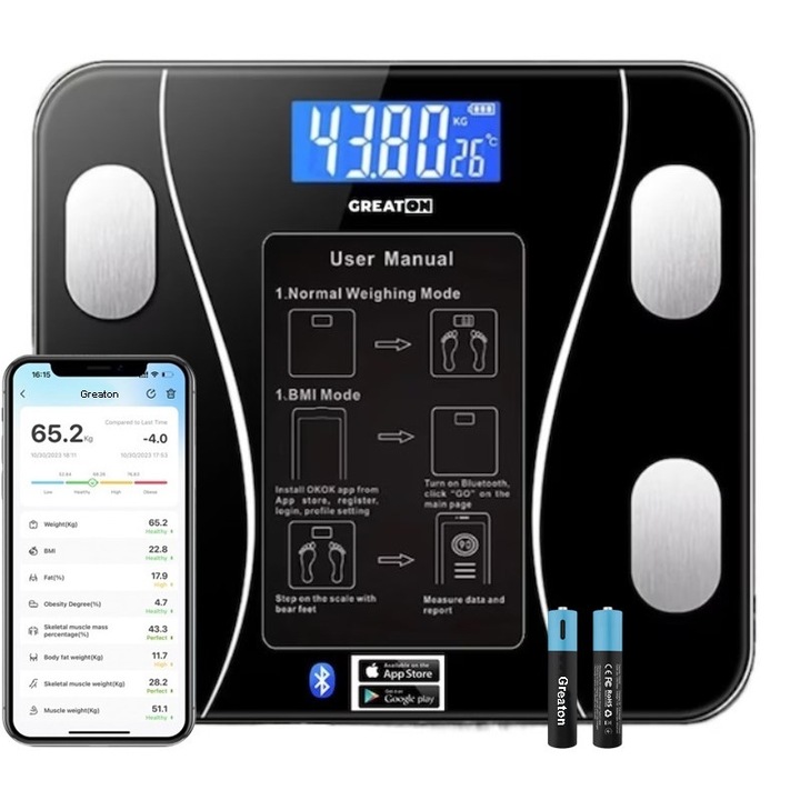 Cantar Corporal Inteligent Cu Aplicatie Telefon GREATON, De Baie, Electronic, Sticla Securizata, Design Elegant, Smart, Afisaj LCD, Negru