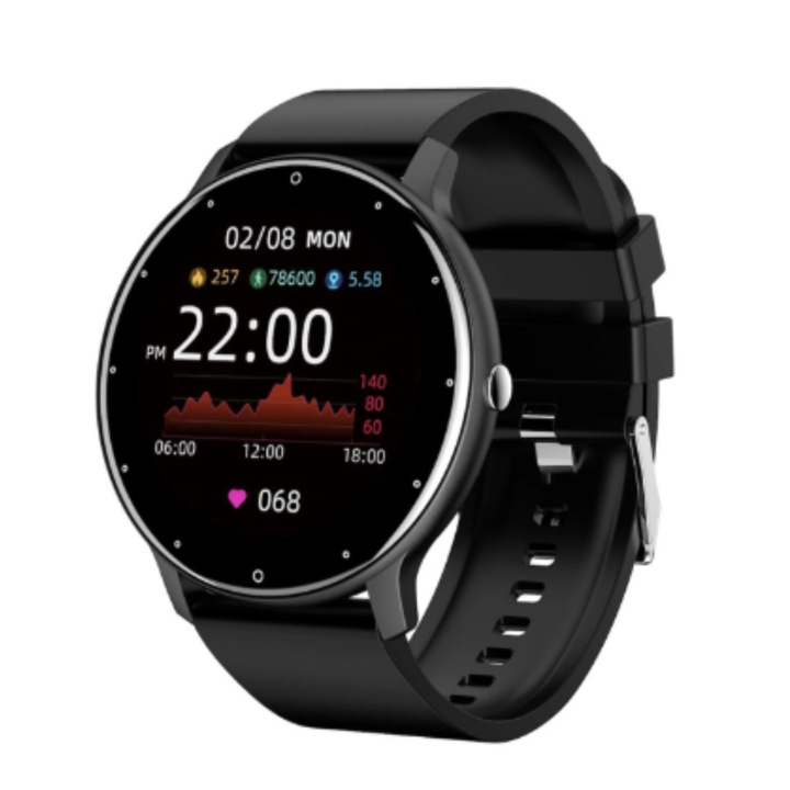 Ceas smartwatch RoHS®, UltraSLIM, Notificari Apeluri/Sms/Social Media, GMonitorizare activitati fizice, somn, ritm cardiac, pedometru, player muzica, rezistent la apa, Negru