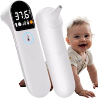 Termometru cu Infrarosu pentru Copii, SARAADA, Precis, Rapid, Masurare in 1 secunda, Non-contact, LED Digital, pentru Frunte, Ureche, Obiecte, Camera, 32 de Memorii, Alarma Sonora, Mod Silentios, Husa si Capac Protectie, Alb