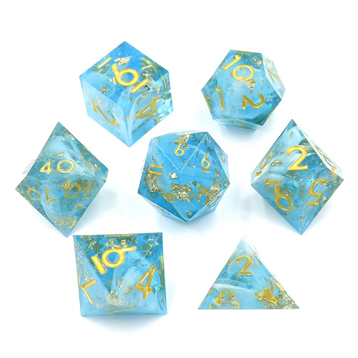 7x társasjáték dobókocka készlet, RPG, Epoxy, Blue/Gold