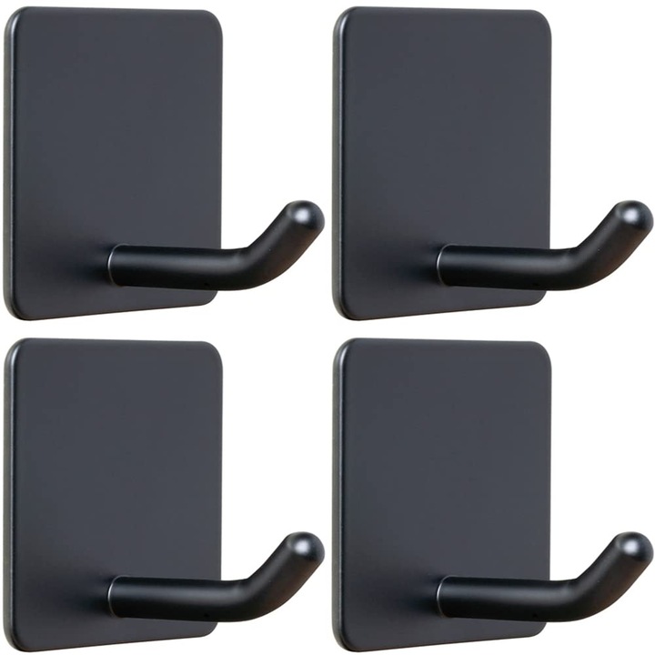 Set 4 carlige de perete adezive, Roffie, Otel inoxidabil, Negru