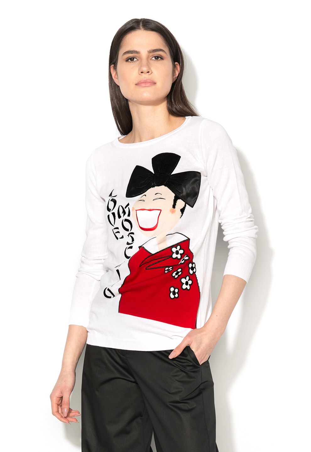 Love Moschino, Pulover alb cu model negru cu rosu