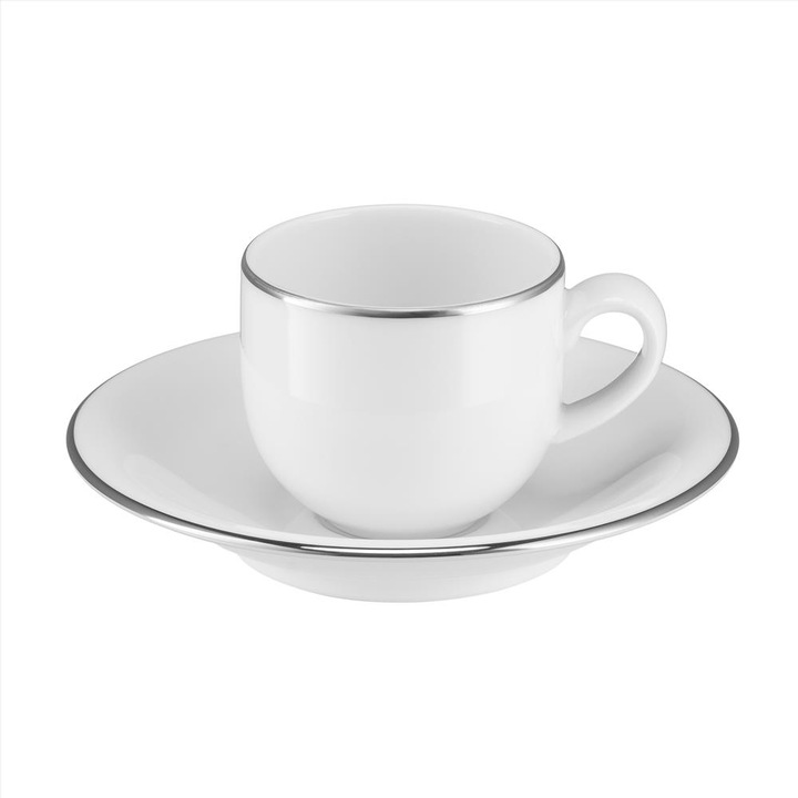 Cana espresso PLUS PLATIN cu farfurie, Villa Italia, Portelan, 100 m, Alb/Argintiu