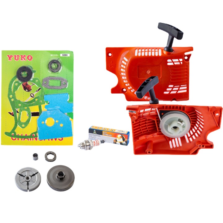 Set universal pentru revizie drujbe pe benzina, bujie, ambreiaj cu carcasa, demaror, garnituri si semeringuri