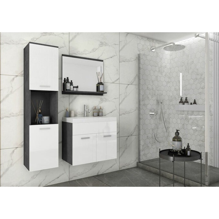 Fürdőszoba garnitúra Sarasota 122, Fehér + Fényes fehér + Matera szürke