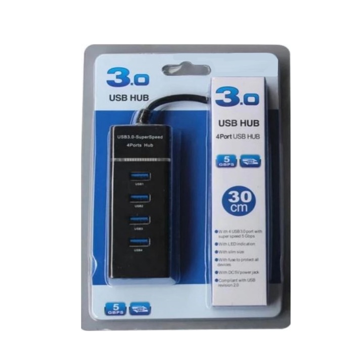 Hub USB Nelbo, 4 porturi, USB 3.0, cu led, negru