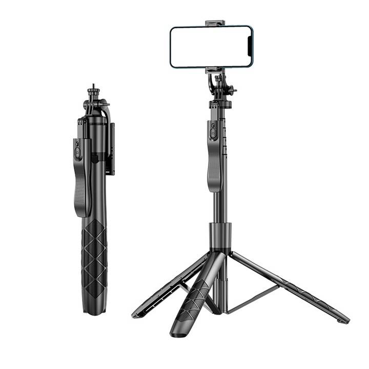 Selfie Stick, Tripod, cu LED, Telecomanda Bluetooth, Rotire 360°, Universal, H33-155 cm, OBRALIX®