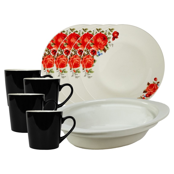 Serviciu de masa, 4 persoane, 9 piese, cana 410 ml, farfurie intinsa, tava termorezistenta, Portelan decorat cu Trandafiri rosii