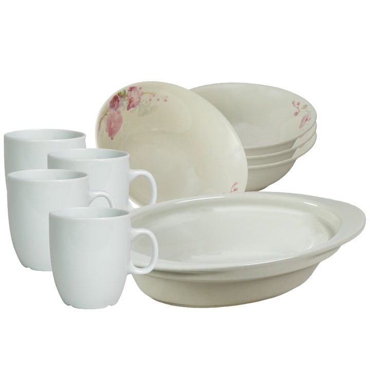 Set de masa, 4 persoane, 9 piese, cana 170 ml, bol, tava termorezistenta, Portelan decorat cu Orhidee