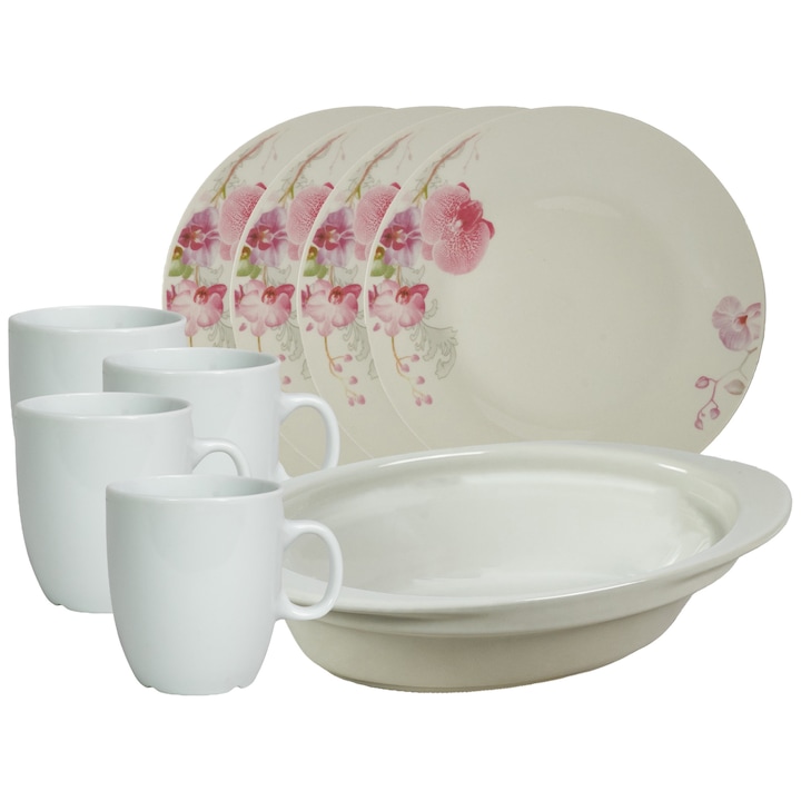 Set de masa, 4 persoane, 9 piese, cana 170 ml, farfurie intinsa, tava termorezistenta, Portelan decorat cu Orhidee
