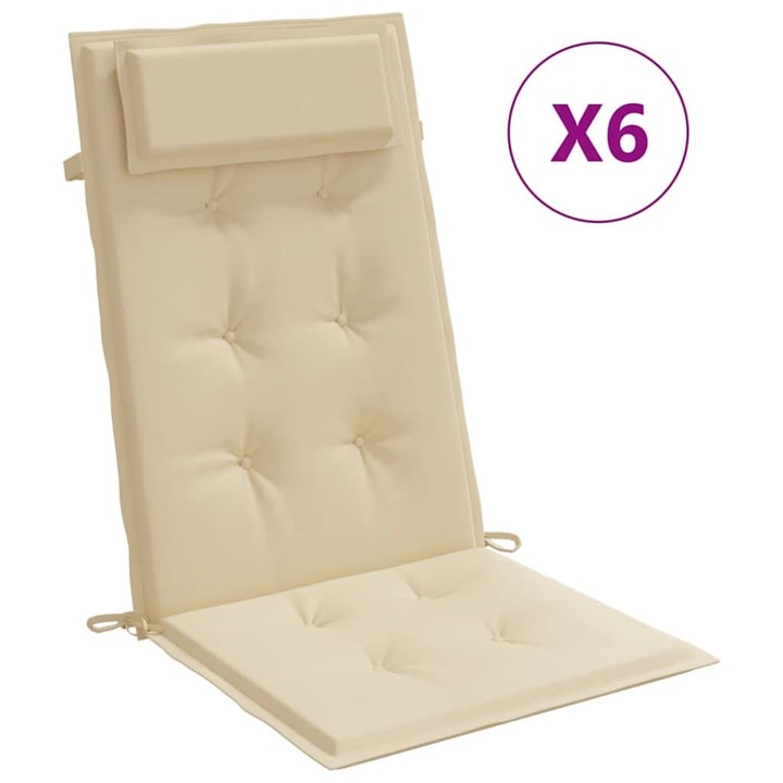 Set perne de scaun cu spatar inalt vidaXL, 6 buc, bej, tesatura Oxford, 120 x 50 x 3 cm, 3.2 Kg