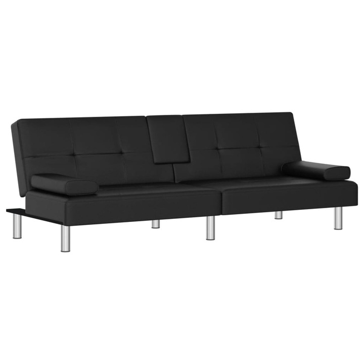 Разтегателен диван с поставки за чаши vidaXL, Черен, Изкуствена кожа, 200 x 89 x 70 см, 25.2 kg