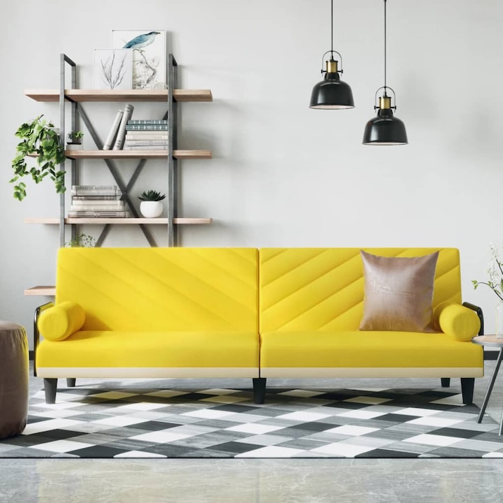 Разтегателно канапе с подлакътници vidaXL, Светложълто, Плат, 205 x 89 x 70 см, 25.4 kg