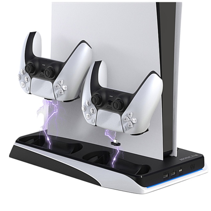 Stand racire vertical iluminat LED Honcam®, multifunctional, statie cu 2 porturi incarcare controllere si 12 spatii depozitare CD-uri, pentru PlayStation PS5
