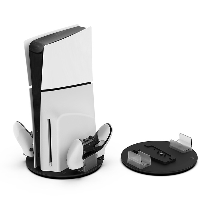 Stand de incarcare vertical, RGB LED, Honcam®, statie cu 2 porturi incarcare controllere, Compatibil cu PS5 Digital Edition, PS5 Disc Edition, PS5 SLIM, PS5 PRO, Negru