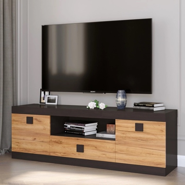 ТВ шкаф 1500 Соната Еверест, Тъмно венге Дъб крафт златен, 150 х 38 х 50 см