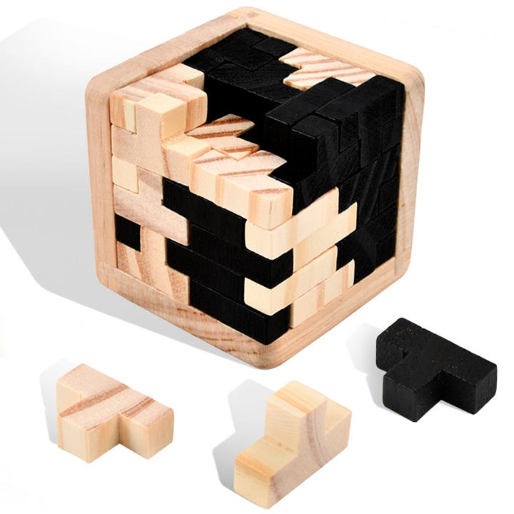Oktató és interaktív játék 3D fakocka puzzle, 54 T-alakú darab