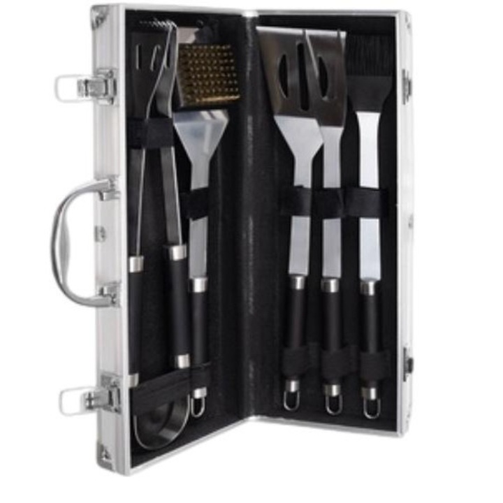 Set 5 accesorii ustensile pentru gratar + valiza, Kaminer, Inox, Argintiu