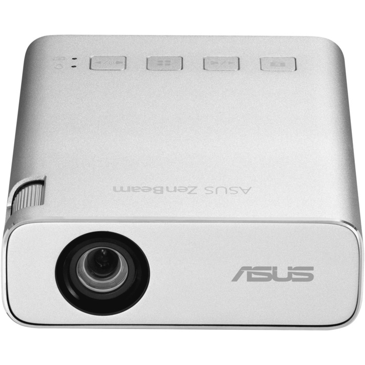 Видео проектор ASUS ZenBeam E1R, DLP LED 30 000 часа, WVGA 854* 480, up to FHD 1920* 1080, 200 лумена, 500:1, Включен WiFi dongle, Сребрист