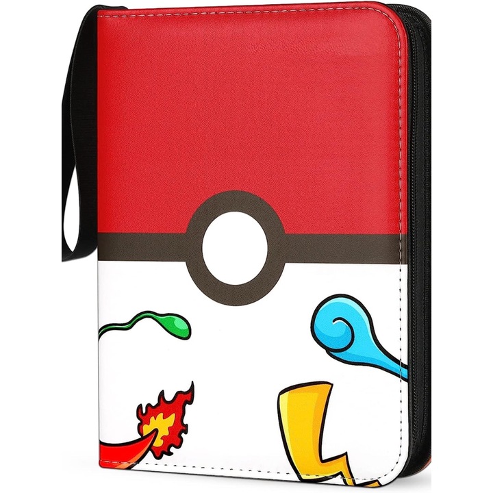 Албум с книга с игри, Pokemon, Еко кожа, 400 места за съхранение, Дизайн с цип, Водоустойчив, PU кожа, Червено/бяло