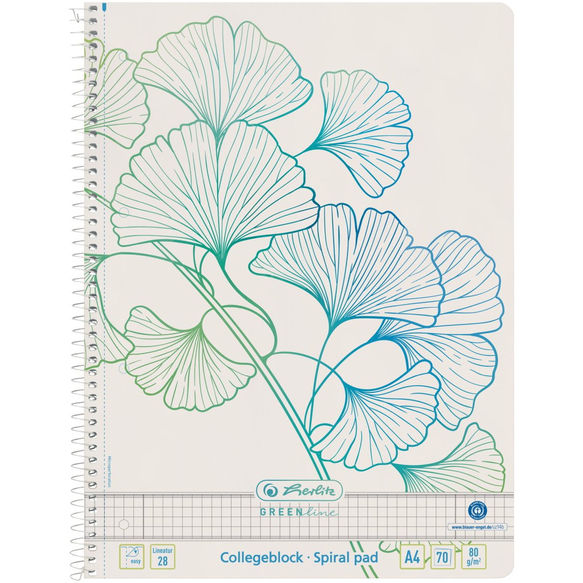 Set 5 Caiet Herlitz, A4, cu spira, 70 file, hartie reciclata, 80 g/mp, dublu liniat, perforatii, microperforatii, patratele, motiv Ginkgo, seria GREENline