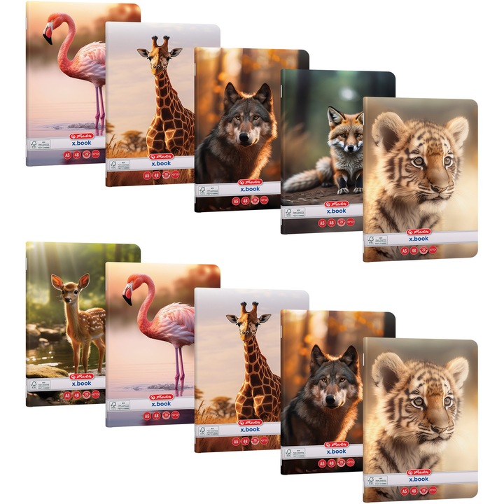 Set 10 Caiet Herlitz, A5, 48 file, 70g/mp, velin, colturi rotunjite, motiv Animals