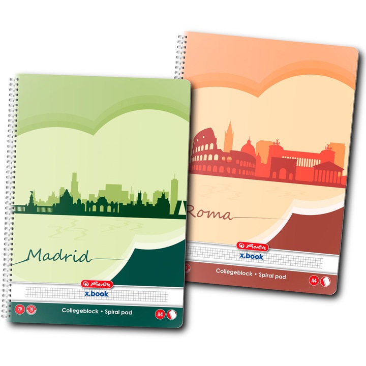 Set 5 Caiet Herlitz, A4, cu spira simpla, 70 file, 70g/mp, coperta fata/spate 350g, patratele - Economic