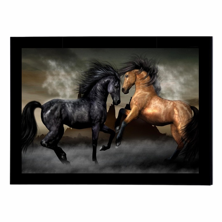 Картина на платно с рамка, чистокръвни коне, животни, 30 x 20 см, Grelys Print, дървена рамка, за бюро и стена, защита на изображението, многоцветен