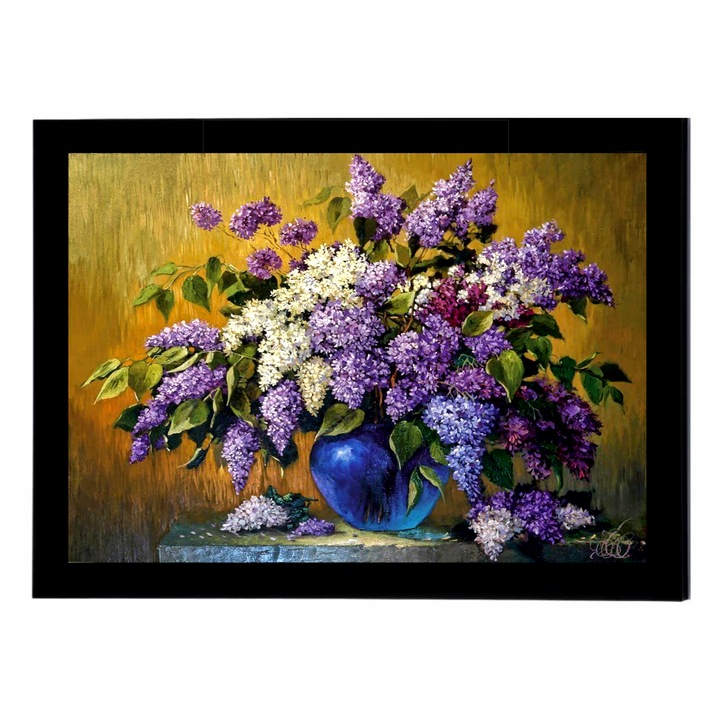 Tablou Canvas cu rama, Liliac in vaza, natura statica, flori, 30 x 20 cm, Grelys Print, rama lemn, pentru birou si perete, protectie imagine, Multicolor