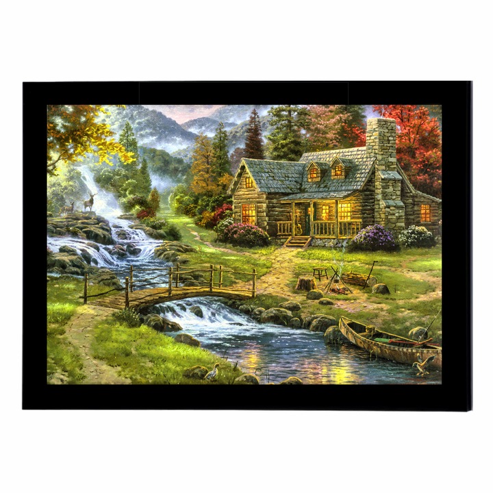 Платно с рамка, Пейзаж, Есен, Река, Вила, 30 x 20 см, Grelys Print, дървена рамка, за бюро и стена, защита на изображението, Многоцветен