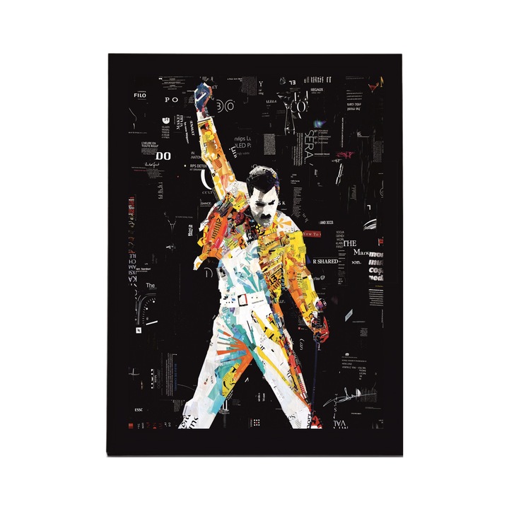 Платно с рамка , Фреди Меркюри, Queen, музика, художник, 30 x 20 см, Grelys Print, дървена рамка, за бюро и стена, защита на изображението, Многоцветен