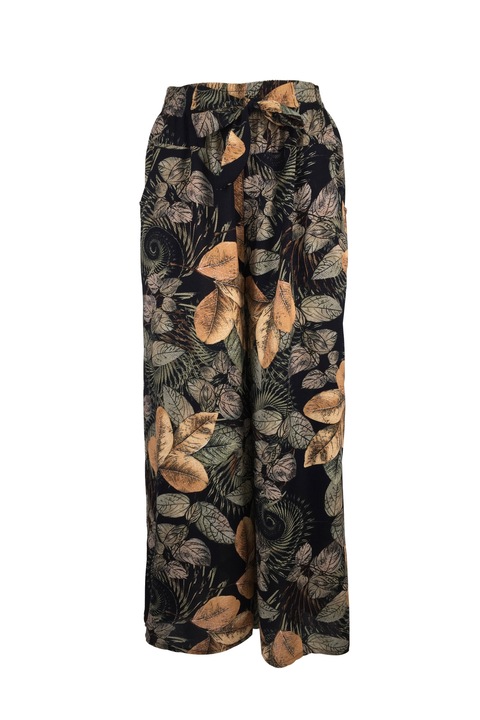 Fusta-pantalon, Univers Fashion, 2 buzunare, negru cu imprimeu frunze