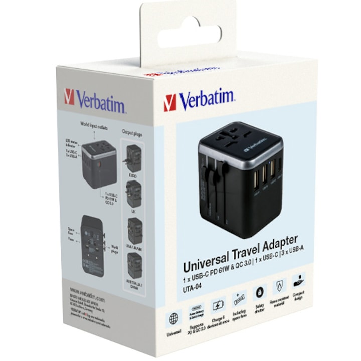 Adaptor universal Verbatim UTA-04, 6-in-1, 1xUSB-C, PD 61W, QC 3.0, 1xUSB-C, 3xUSB-A