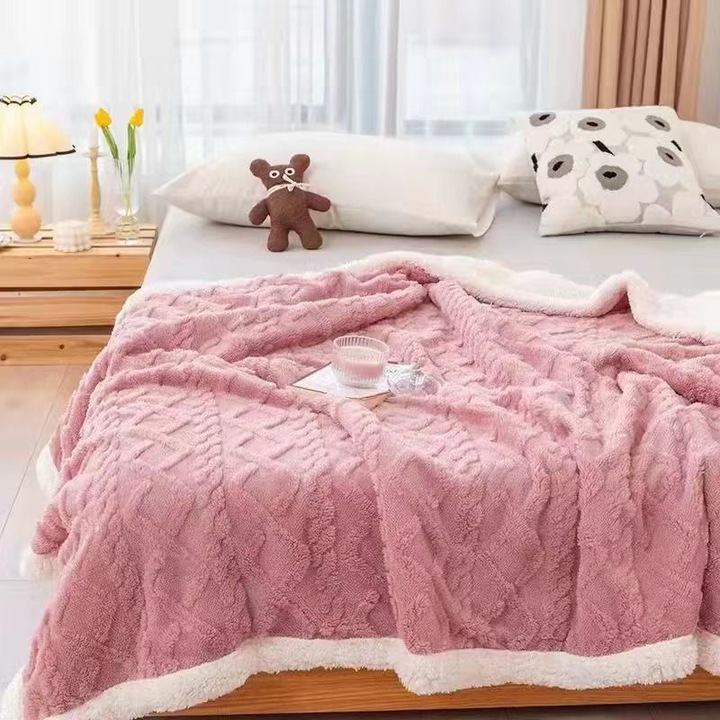 Двойно дебело одеяло Cocolino, супер меко, плетен тип, с косъм, 200 x 230 см, розово