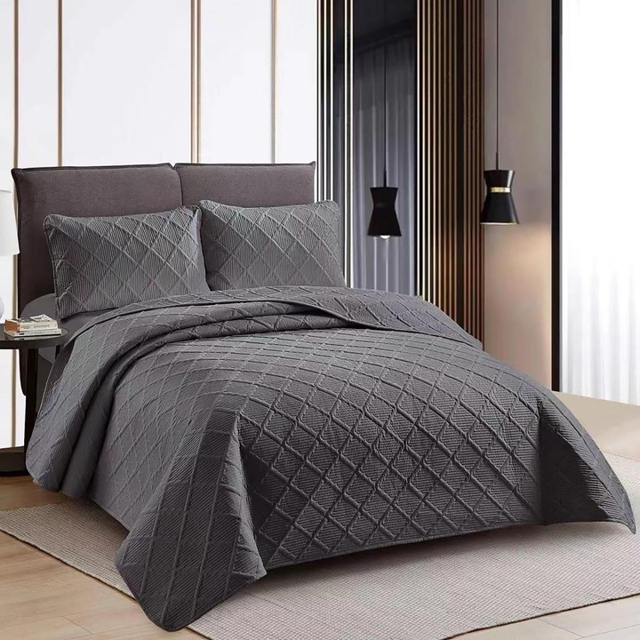 Завивка за легло UNI 230x250 см с 2 калъфки за възглавници 50x70 см, ромб, Черен