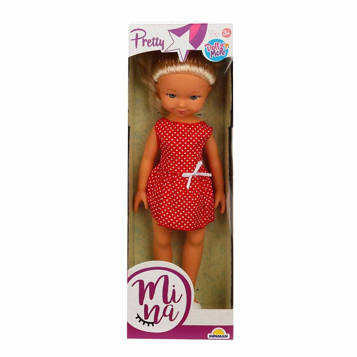 Papusa Dolz'n More - Pretty Mina, cu rochita rosie cu buline, 35 cm