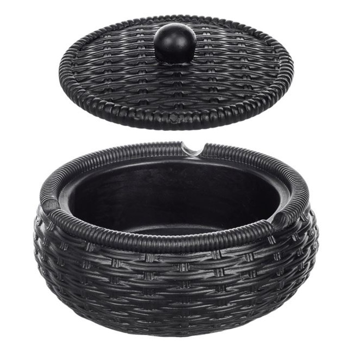 Scrumiera cilindrica VENITIVO® cu capac, model ratan, din ceramica, diametru 10 cm inaltime 7cm, negru